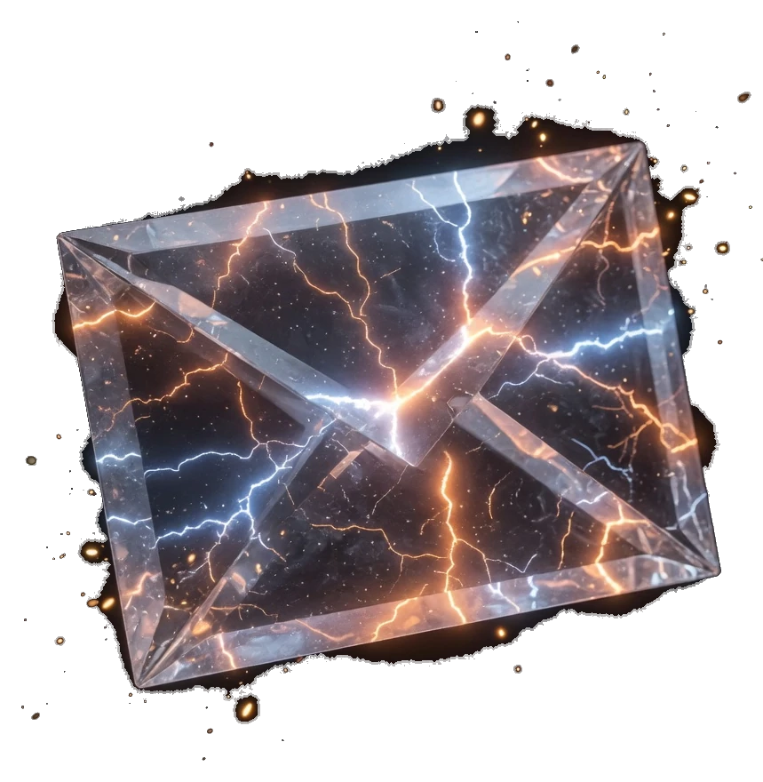 Crystal glass envelope cutout with orange and blue lightning — contact Forward Development
