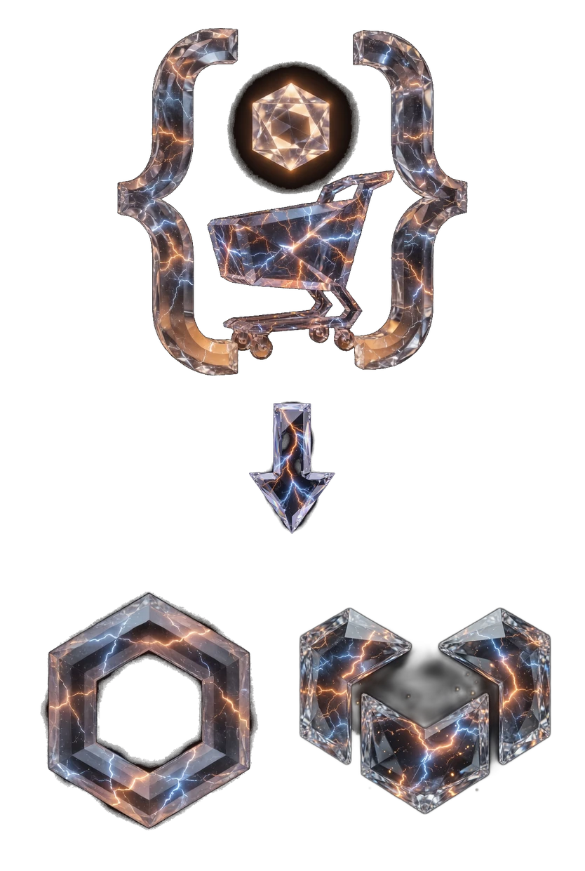 Custom ecommerce crystal cart in code brackets with gem, migrating down to Medusa.js and Vendure logos