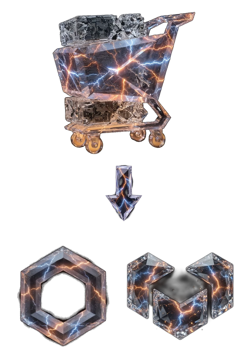 Legacy crystal cart with circuit blocks migrating down to Medusa.js and Vendure logos