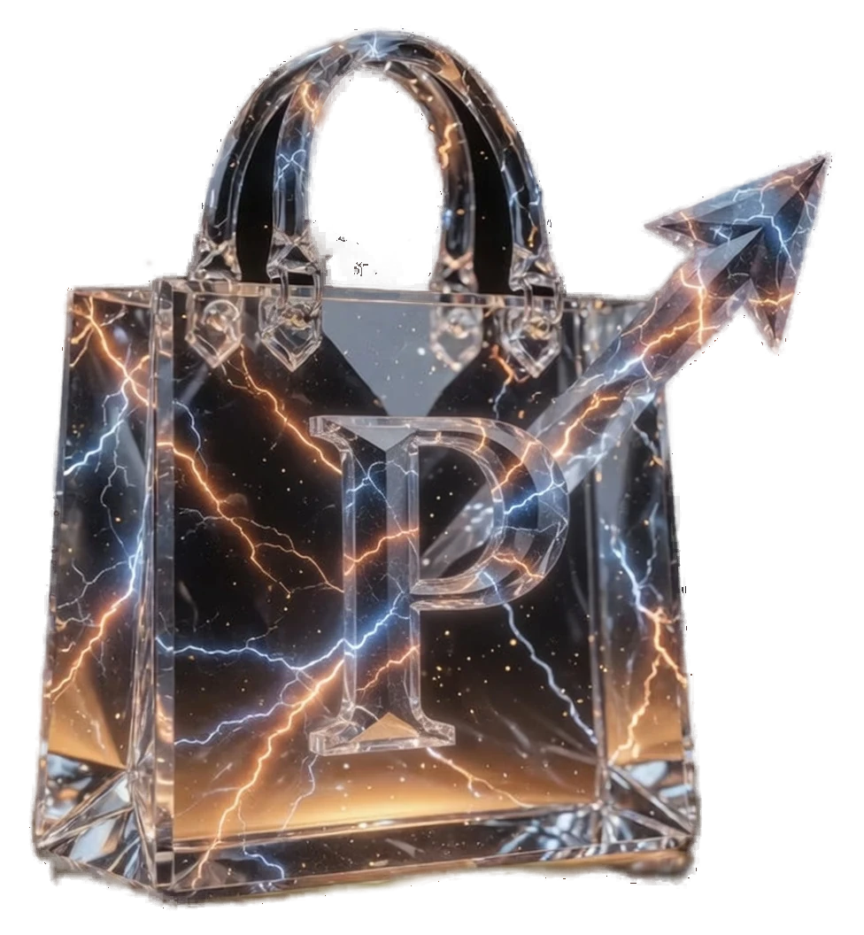 Crystal shopping bag with P monogram and a migration arrow