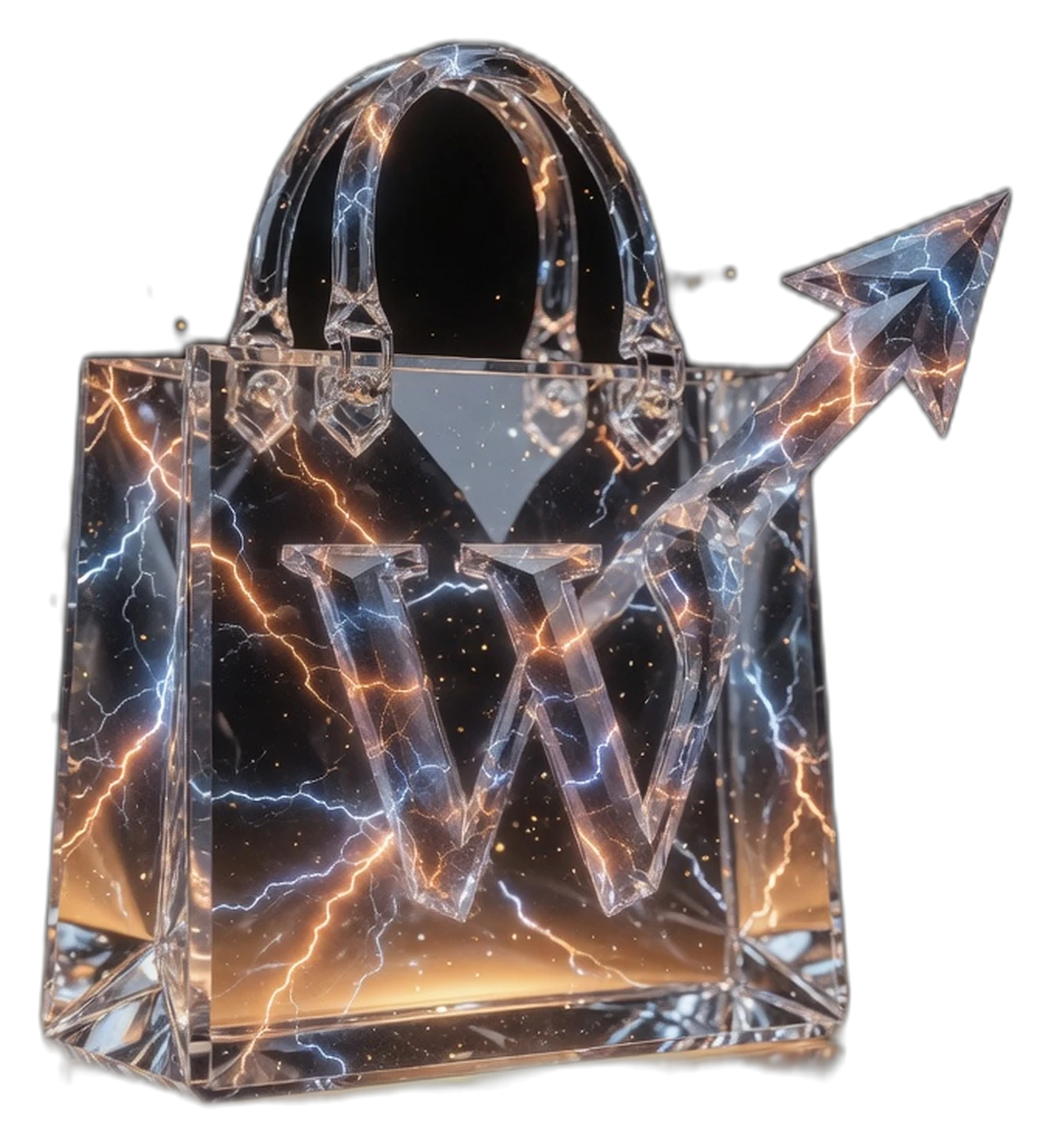 Crystal shopping bag with W monogram and a migration arrow